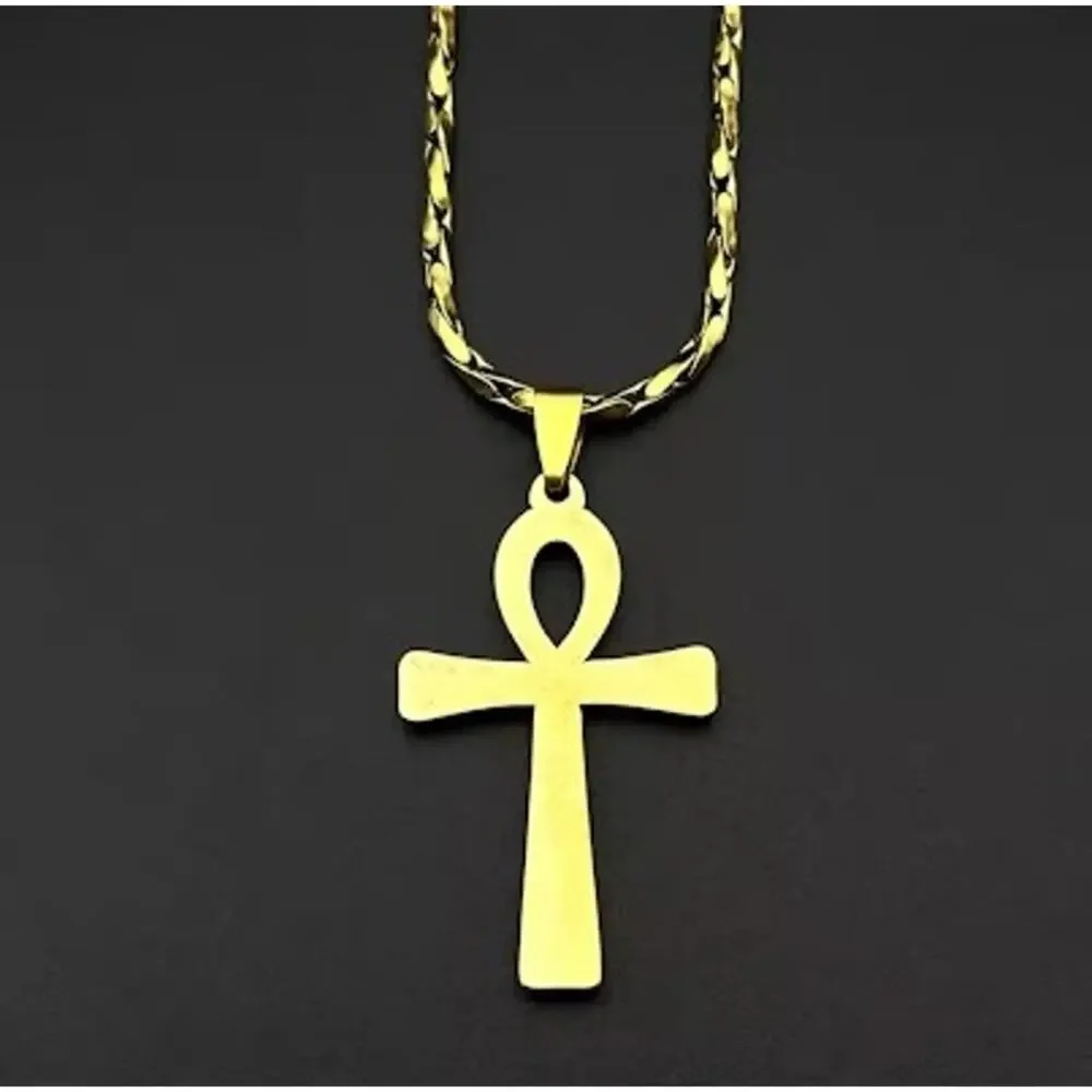 Egyptian Ankh Cross Pendant Necklace Gold Stainless Steel Religious Jewelry